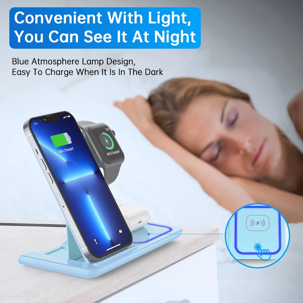 Wireless Charger for Multiple Devices, 18W 3 in 1 Wireless Iphone Charging Station for Iphone 16 15 14 13 12 11 Pro Max XS XR X 8 Plus, Iwatch 10 9 8 7 6 5 4 3 2 SE, Airpods 4 3 2 Pro (Blue)