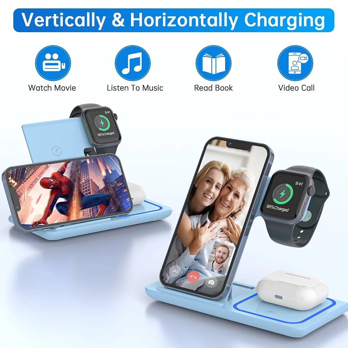 Wireless Charger for Multiple Devices, 18W 3 in 1 Wireless Iphone Charging Station for Iphone 16 15 14 13 12 11 Pro Max XS XR X 8 Plus, Iwatch 10 9 8 7 6 5 4 3 2 SE, Airpods 4 3 2 Pro (Blue)